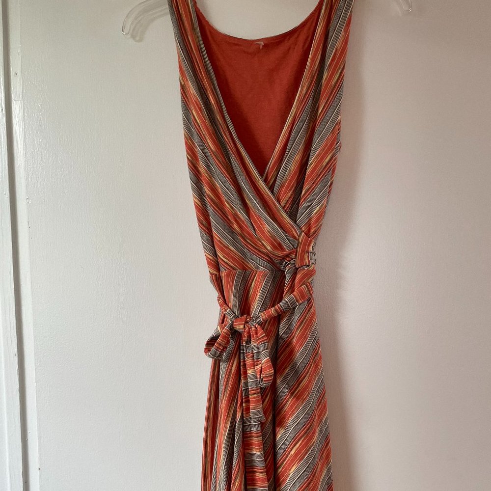 Wrap Surplice Front Sleeveless Womens Midi Dress Red Stripes